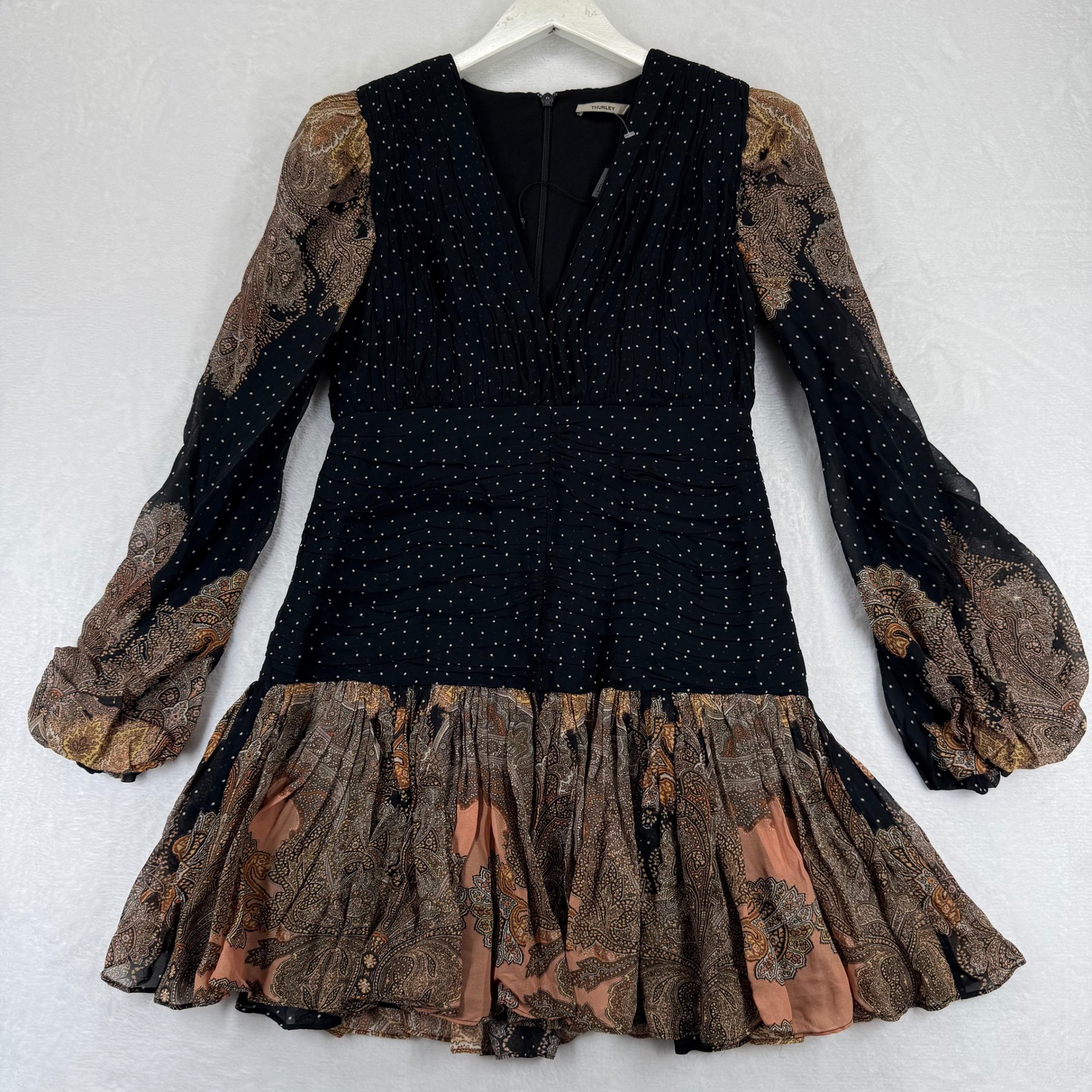 Thurley Zantita Dress Black Paisley Polka Dot Ruched Mini Dress Usa 4 Nwot